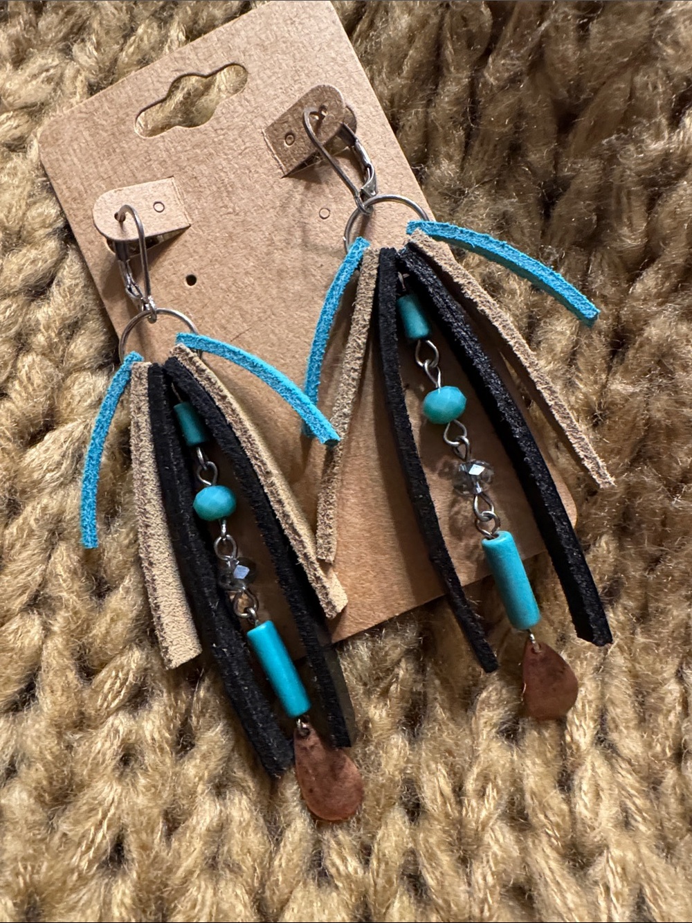 Handmade Turquoise & Black Fringe Leather Drop Earrings